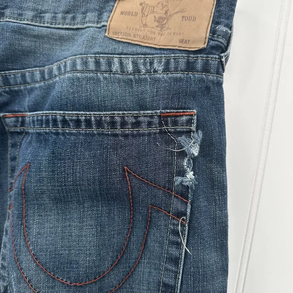 True Religion Jeans Mens 40x34 Section Straight Leg Blue Denim Distressed *Flaw